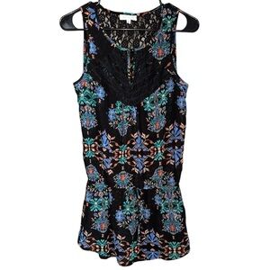 Socialite Black Multicolor Tribal Print Sheer Black Blouse Size Medium